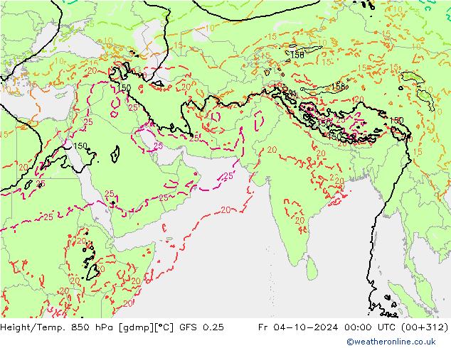 Hoogte/Temp. 850 hPa GFS 0.25 vr 04.10.2024 00 UTC