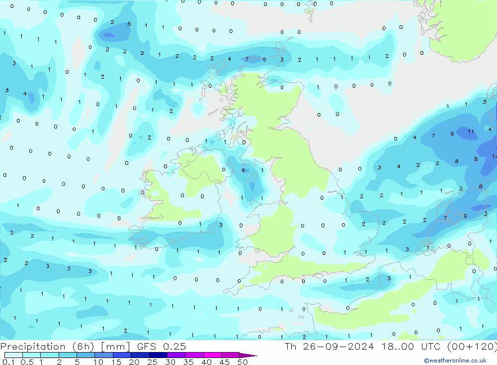 Totale neerslag (6h) GFS 0.25 do 26.09.2024 00 UTC