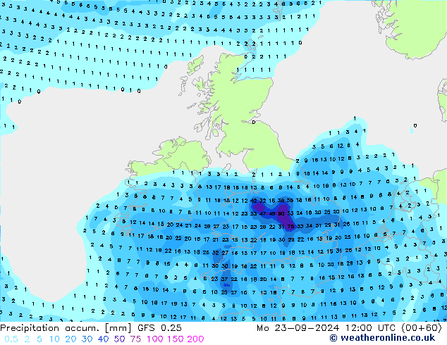 Precipitation accum. GFS 0.25 Po 23.09.2024 12 UTC