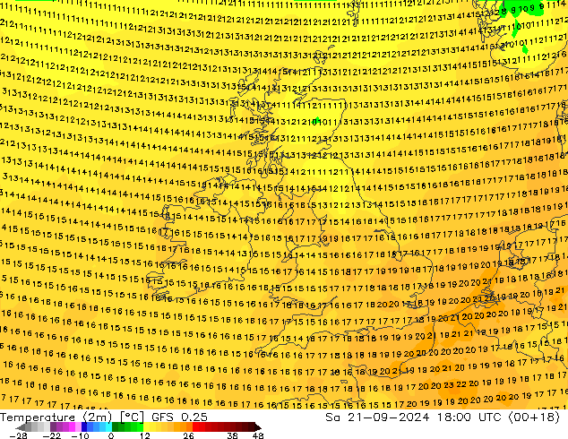 Temperature (2m) GFS 0.25 Sa 21.09.2024 18 UTC