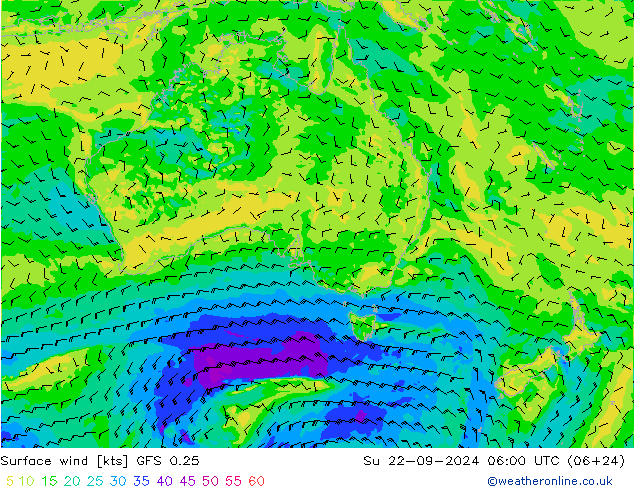 Surface wind GFS 0.25 Su 22.09.2024 06 UTC