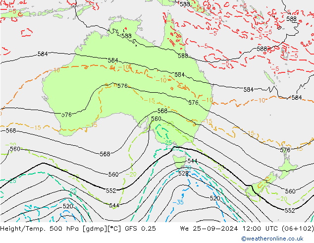 Z500/Rain (+SLP)/Z850 GFS 0.25 Mi 25.09.2024 12 UTC