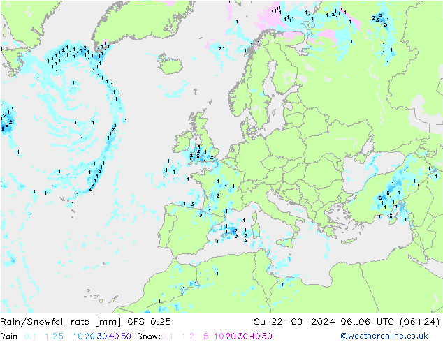 Regen/Schneefallrate GFS 0.25 So 22.09.2024 06 UTC