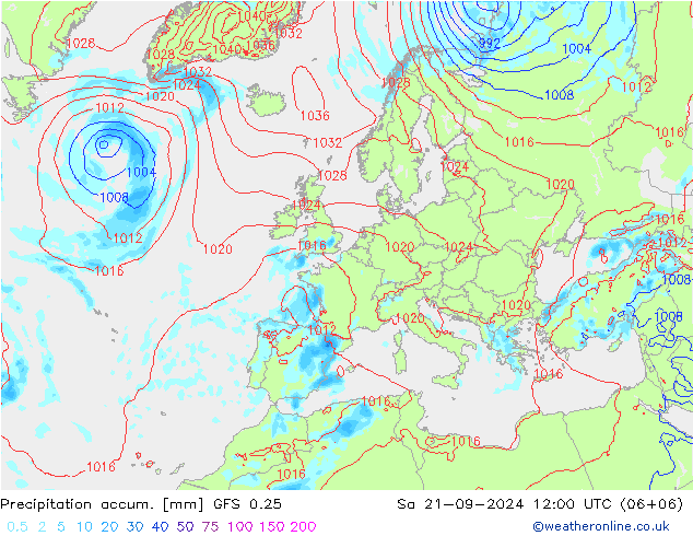 Precipitación acum. GFS 0.25 sáb 21.09.2024 12 UTC