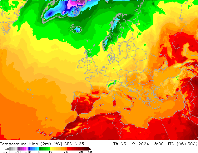 Temperature High (2m) GFS 0.25 星期四 03.10.2024 18 UTC