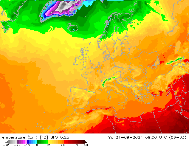 温度图 GFS 0.25 星期六 21.09.2024 09 UTC