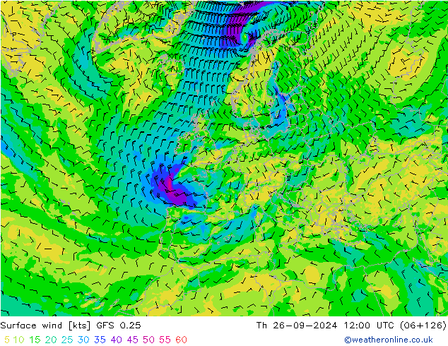 Surface wind GFS 0.25 Th 26.09.2024 12 UTC