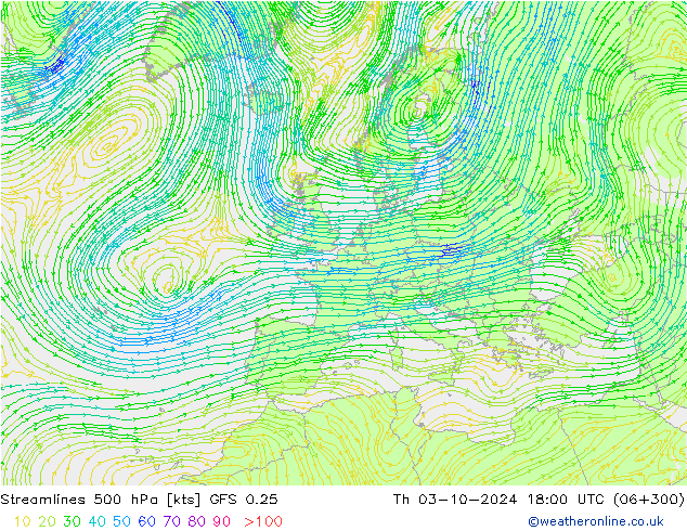 风 500 hPa GFS 0.25 星期四 03.10.2024 18 UTC