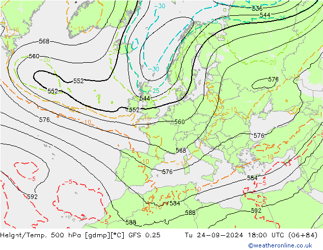 Geop./Temp. 500 hPa GFS 0.25 mar 24.09.2024 18 UTC