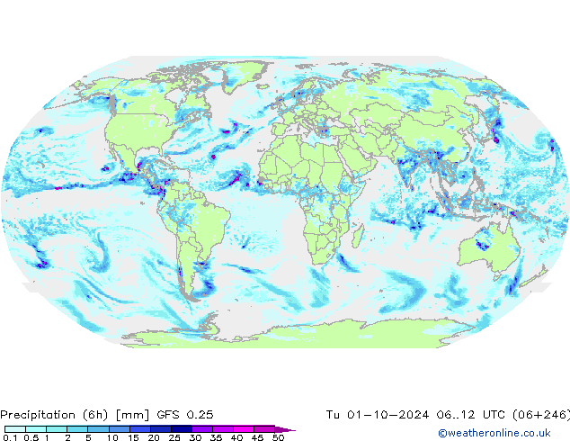 Totale neerslag (6h) GFS 0.25 di 01.10.2024 12 UTC