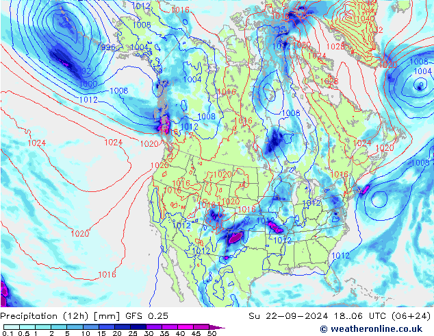 Totale neerslag (12h) GFS 0.25 zo 22.09.2024 06 UTC