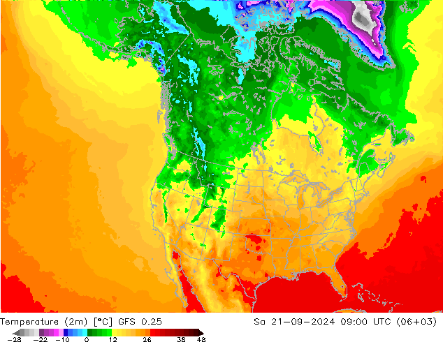 温度图 GFS 0.25 星期六 21.09.2024 09 UTC