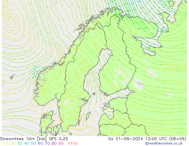 Streamlines 10m GFS 0.25 Sa 21.09.2024 12 UTC