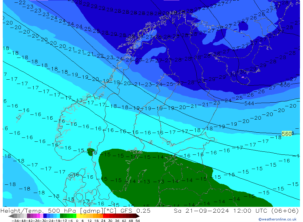 Height/Temp. 500 hPa GFS 0.25 Sa 21.09.2024 12 UTC