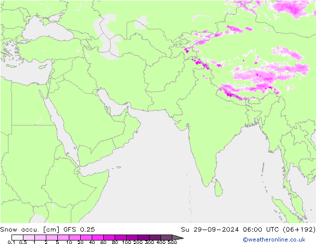 Snow accu. GFS 0.25 星期日 29.09.2024 06 UTC