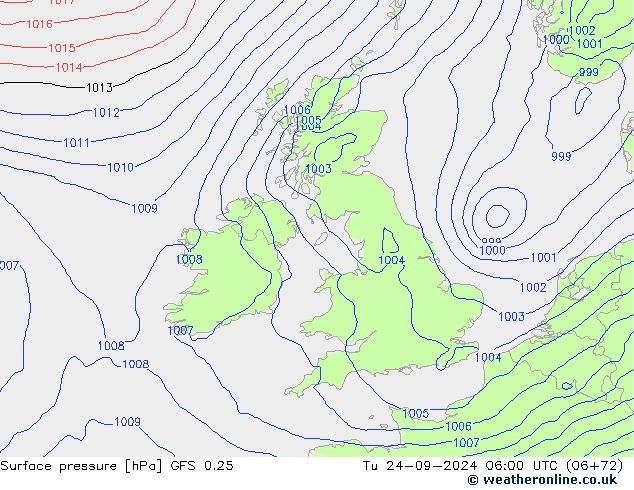 Surface pressure GFS 0.25 Tu 24.09.2024 06 UTC