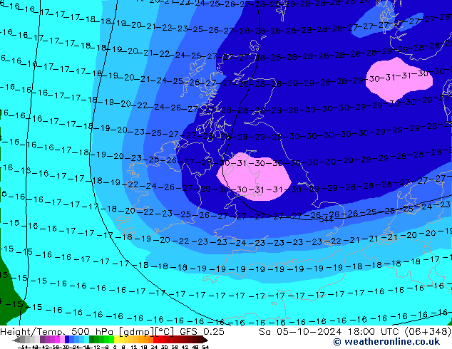 Height/Temp. 500 hPa GFS 0.25 Sa 05.10.2024 18 UTC