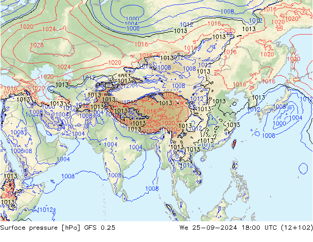 Atmosférický tlak GFS 0.25 St 25.09.2024 18 UTC