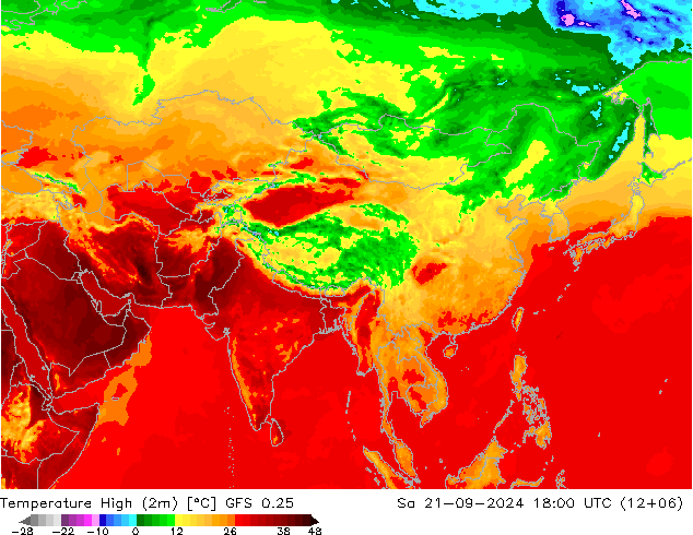 Temperature High (2m) GFS 0.25 Sa 21.09.2024 18 UTC