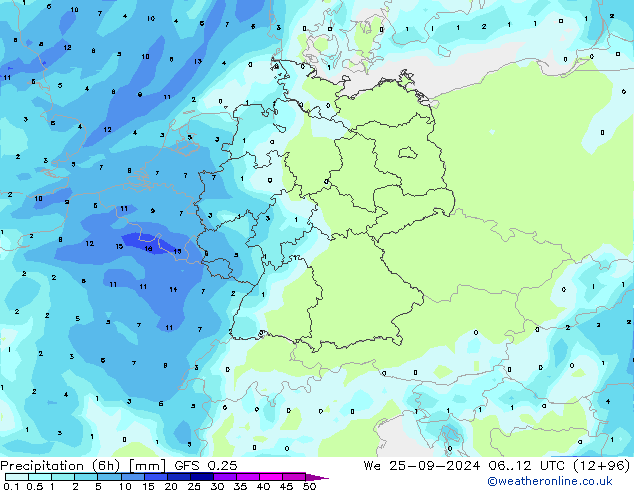 Z500/Rain (+SLP)/Z850 GFS 0.25 Mi 25.09.2024 12 UTC