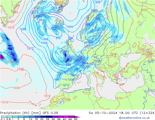 Z500/Rain (+SLP)/Z850 GFS 0.25 Sa 05.10.2024 00 UTC