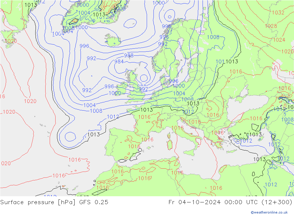 地面气压 GFS 0.25 星期五 04.10.2024 00 UTC