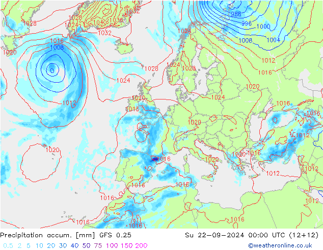 Precipitation accum. GFS 0.25 星期日 22.09.2024 00 UTC