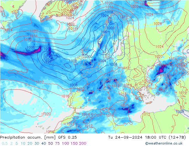 Precipitation accum. GFS 0.25 Tu 24.09.2024 18 UTC