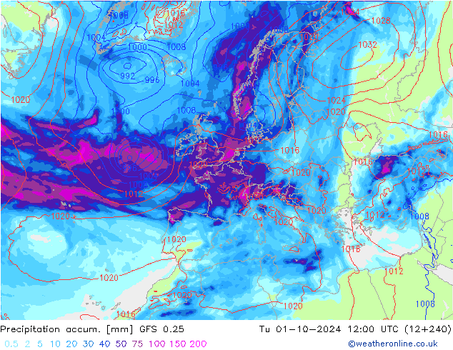 Precipitation accum. GFS 0.25 星期二 01.10.2024 12 UTC