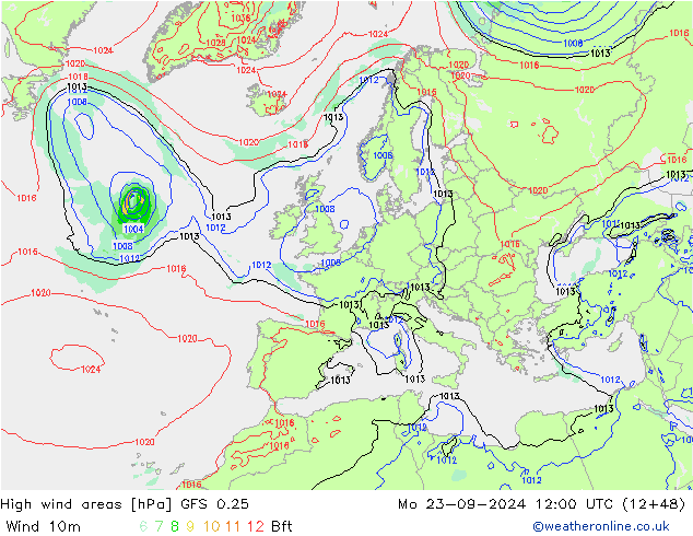 High wind areas GFS 0.25 星期一 23.09.2024 12 UTC