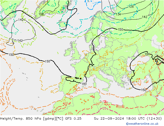 Height/Temp. 850 hPa GFS 0.25 So 22.09.2024 18 UTC