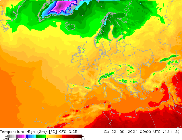 Temperature High (2m) GFS 0.25 星期日 22.09.2024 00 UTC