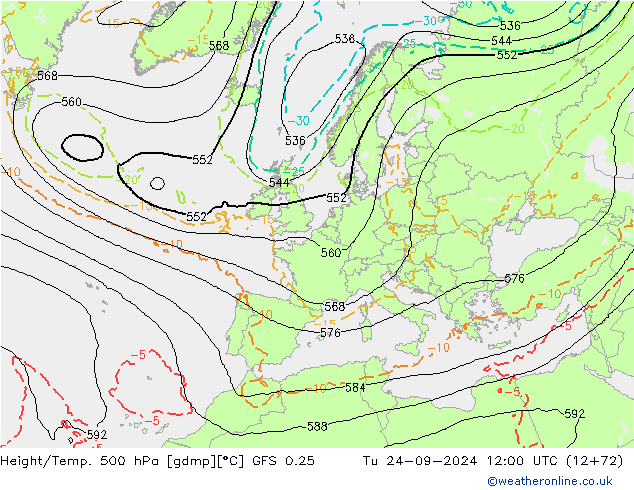 Z500/Rain (+SLP)/Z850 GFS 0.25 星期二 24.09.2024 12 UTC