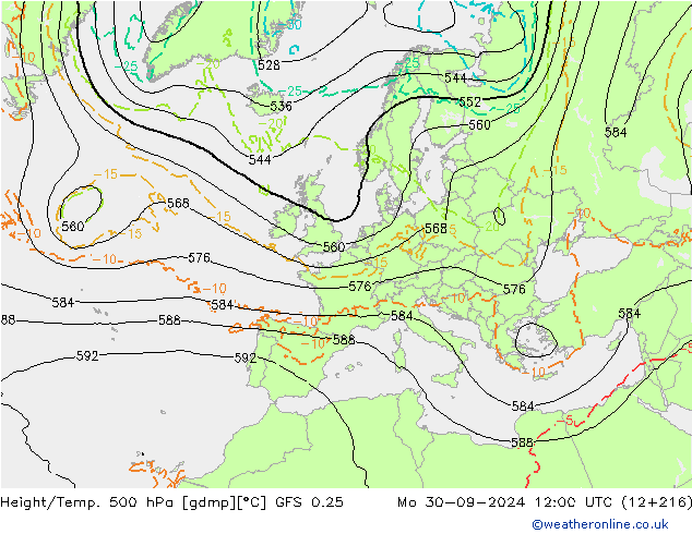 Z500/Rain (+SLP)/Z850 GFS 0.25 Mo 30.09.2024 12 UTC