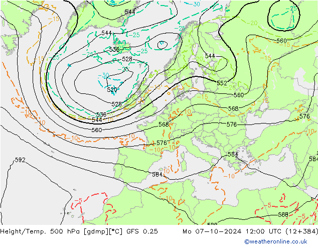 Z500/Rain (+SLP)/Z850 GFS 0.25 Mo 07.10.2024 12 UTC