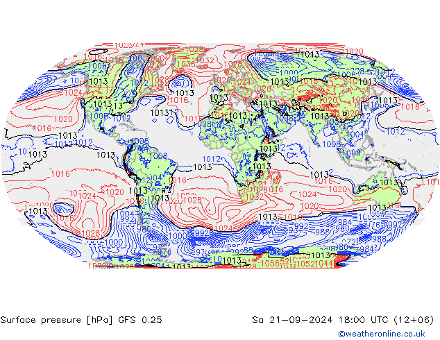 地面气压 GFS 0.25 星期六 21.09.2024 18 UTC