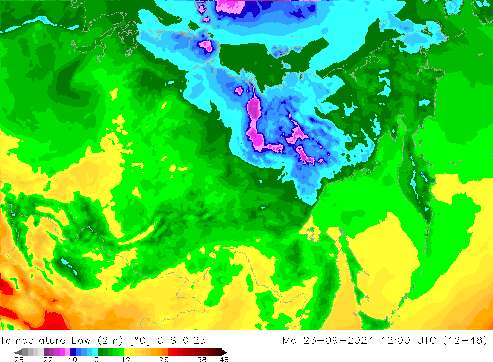 Temperature Low (2m) GFS 0.25 Mo 23.09.2024 12 UTC