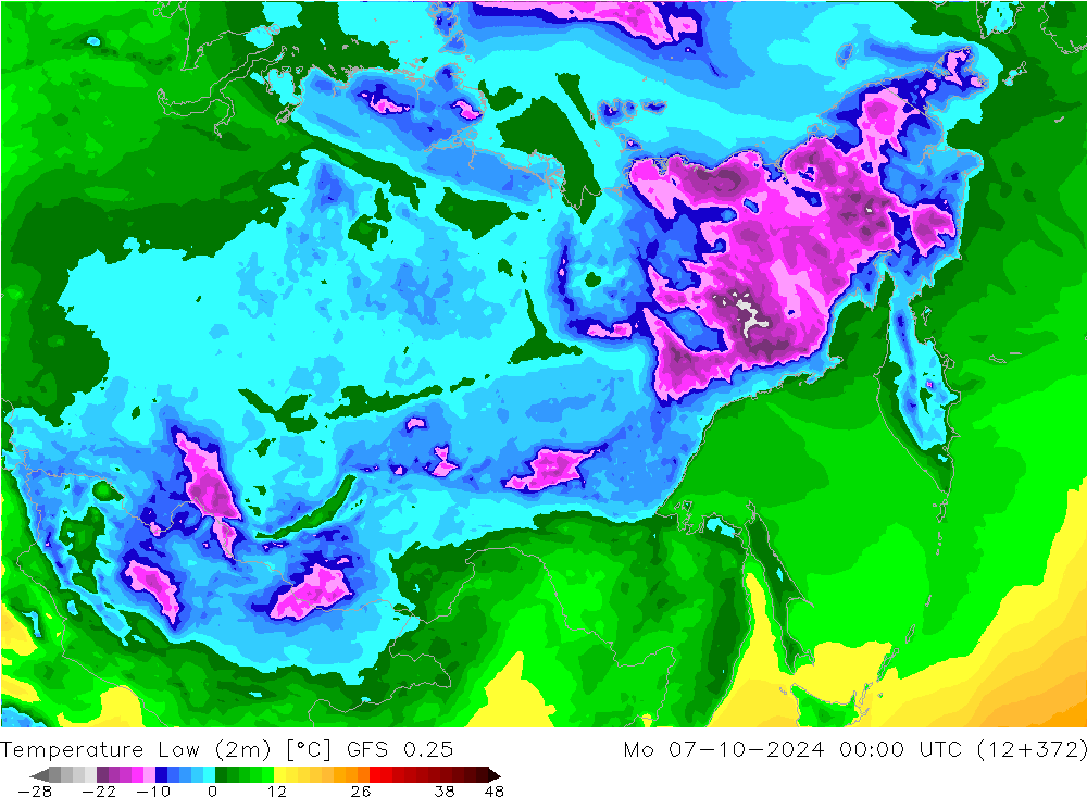 Min.temperatuur (2m) GFS 0.25 ma 07.10.2024 00 UTC