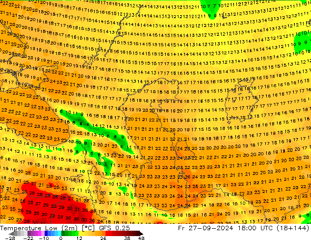 Nejnižší teplota (2m) GFS 0.25 Pá 27.09.2024 18 UTC