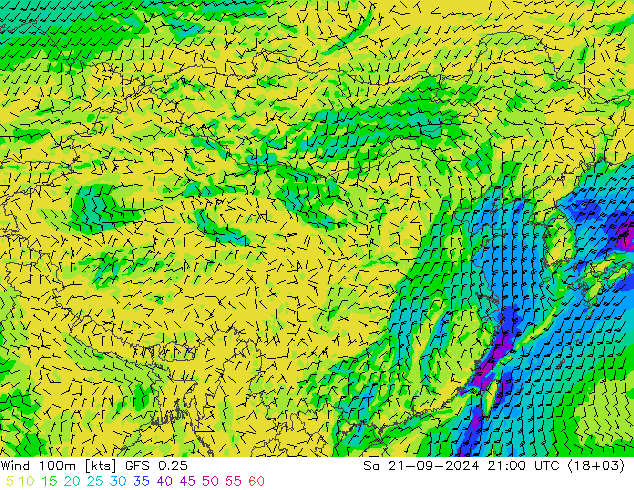 Wind 100m GFS 0.25 za 21.09.2024 21 UTC