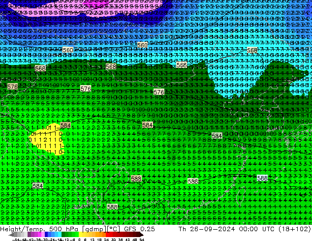 Z500/Rain (+SLP)/Z850 GFS 0.25 星期四 26.09.2024 00 UTC