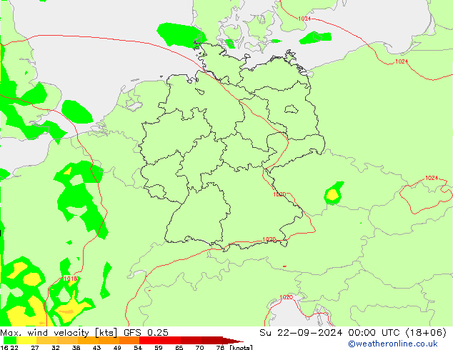 Max. wind velocity GFS 0.25 Su 22.09.2024 00 UTC