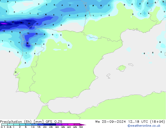 Z500/Rain (+SLP)/Z850 GFS 0.25 Qua 25.09.2024 18 UTC