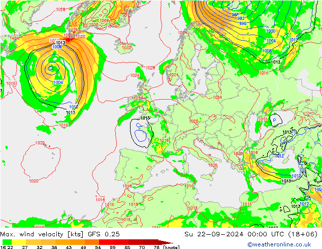 Max. wind velocity GFS 0.25 星期日 22.09.2024 00 UTC