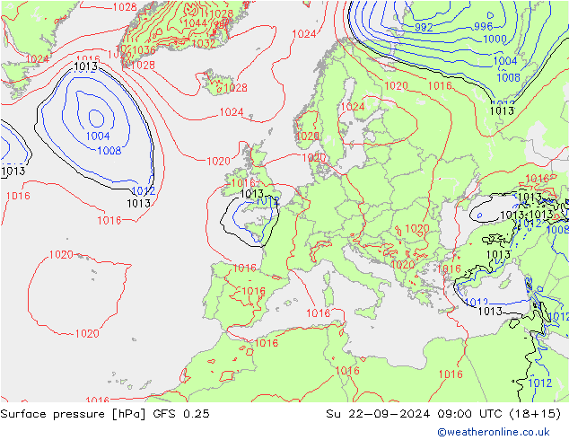 Luchtdruk (Grond) GFS 0.25 zo 22.09.2024 09 UTC