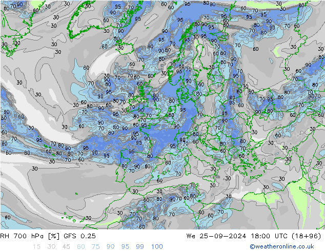 RH 700 hPa GFS 0.25 St 25.09.2024 18 UTC