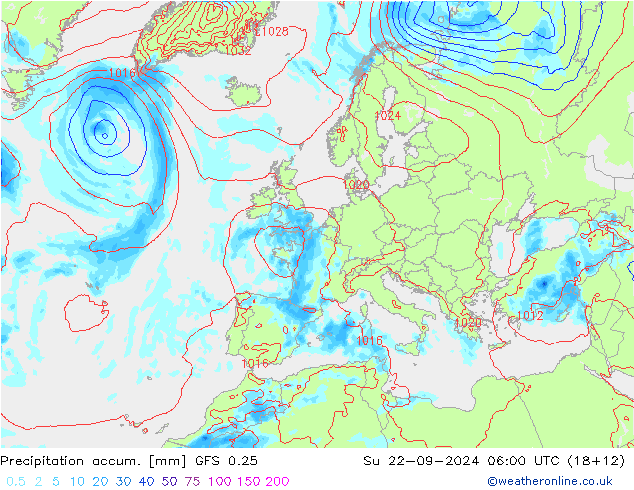 Precipitación acum. GFS 0.25 dom 22.09.2024 06 UTC