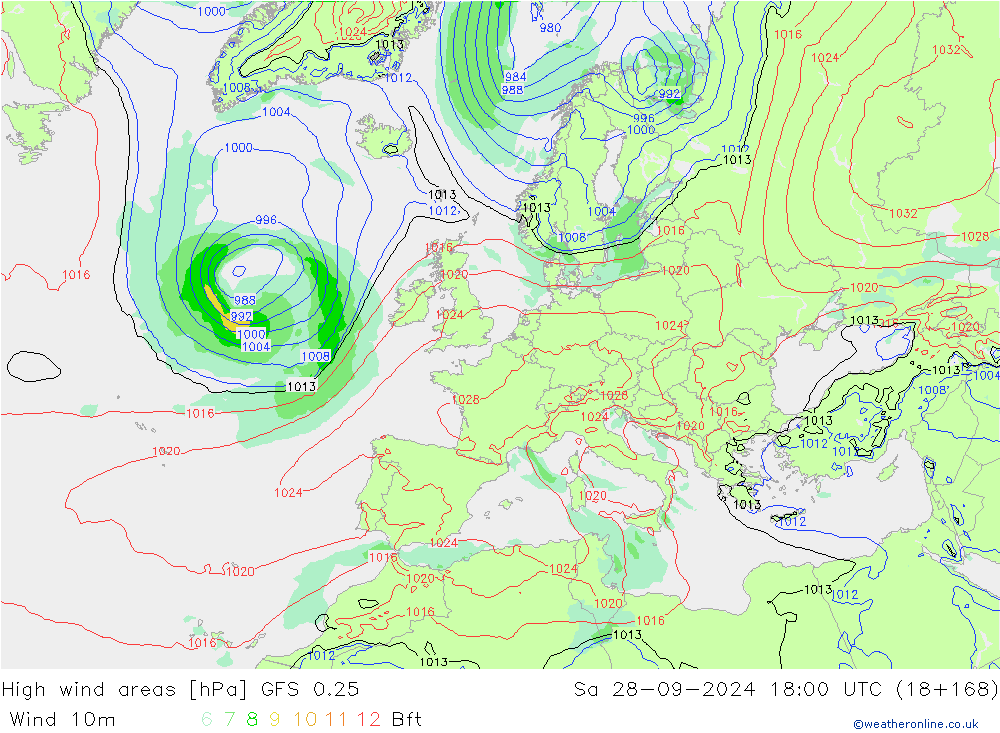 High wind areas GFS 0.25 Sáb 28.09.2024 18 UTC