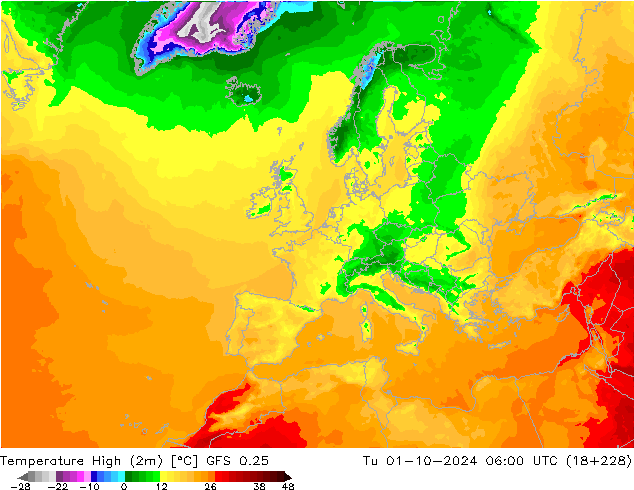 Temperature High (2m) GFS 0.25 Tu 01.10.2024 06 UTC