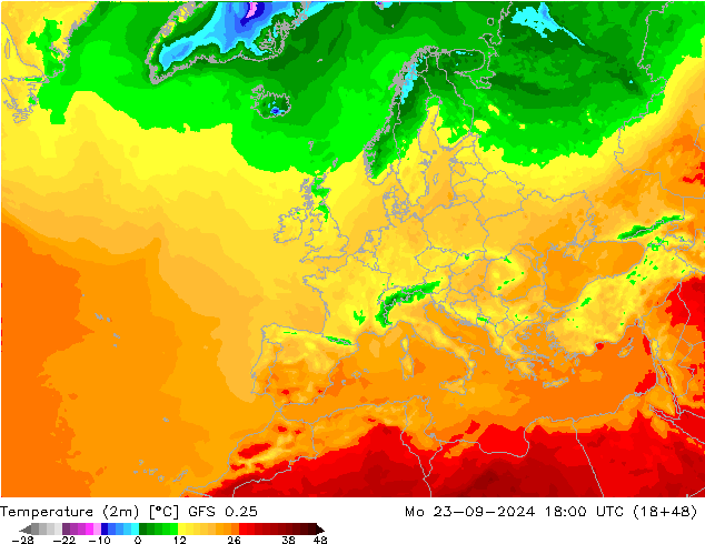 Temperaturkarte (2m) GFS 0.25 Mo 23.09.2024 18 UTC